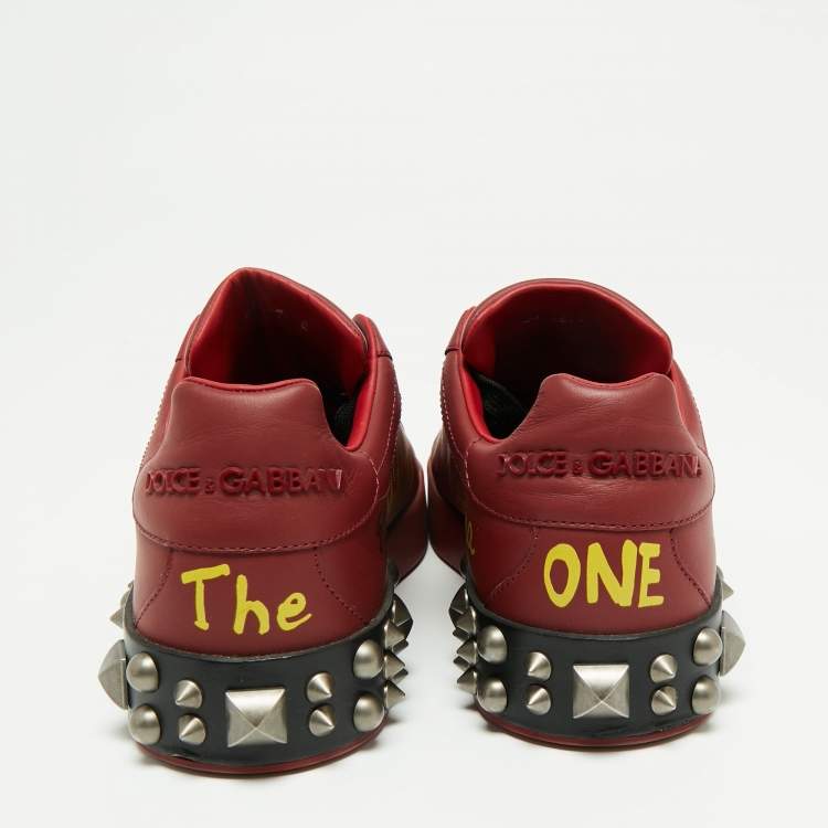 Pre Owned Dolce & Gabbana Burgundy Printed and Studded Leather Low-Top Sneakers Size 40