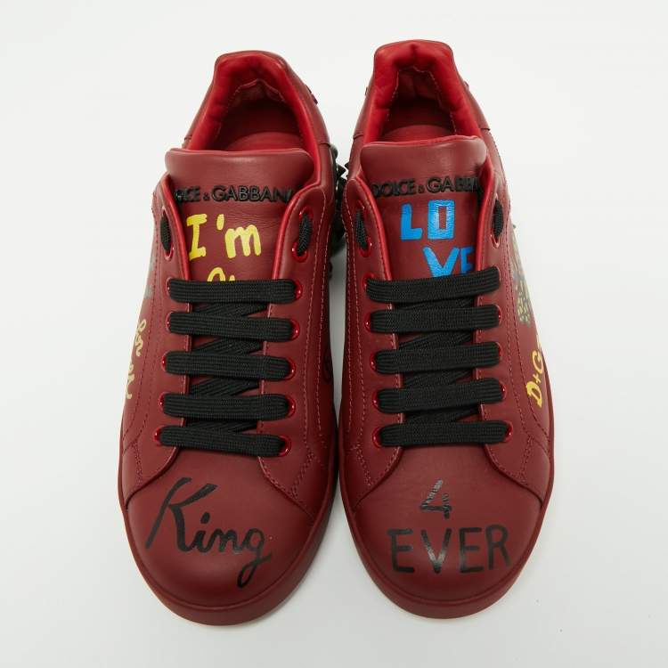 Pre Owned Dolce & Gabbana Burgundy Printed and Studded Leather Low-Top Sneakers Size 40