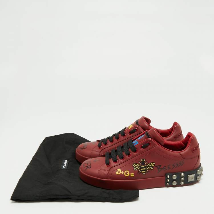 Pre Owned Dolce & Gabbana Burgundy Printed and Studded Leather Low-Top Sneakers Size 40