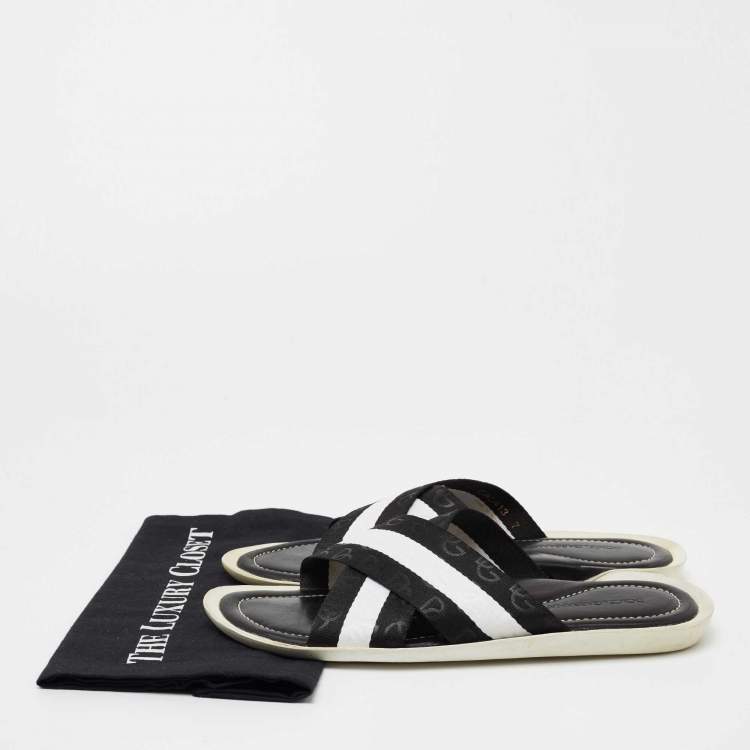 Pre Owned Dolce & Gabbana Black/White Canvas Cross Strap Flat Slides Size 41