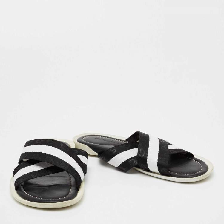 Pre Owned Dolce & Gabbana Black/White Canvas Cross Strap Flat Slides Size 41