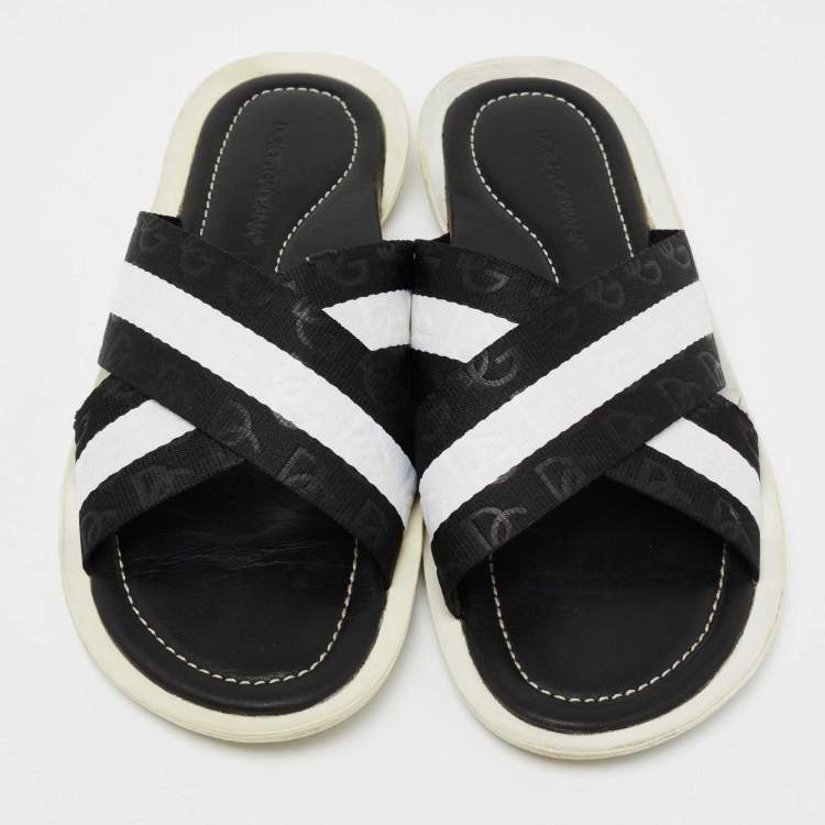 Pre Owned Dolce & Gabbana Black/White Canvas Cross Strap Flat Slides Size 41