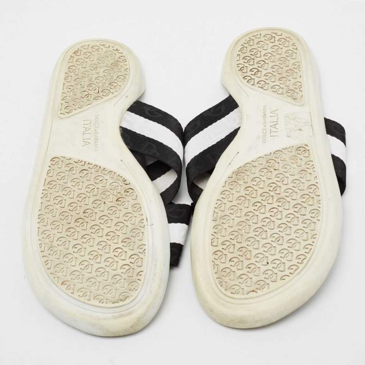 Pre Owned Dolce & Gabbana Black/White Canvas Cross Strap Flat Slides Size 41