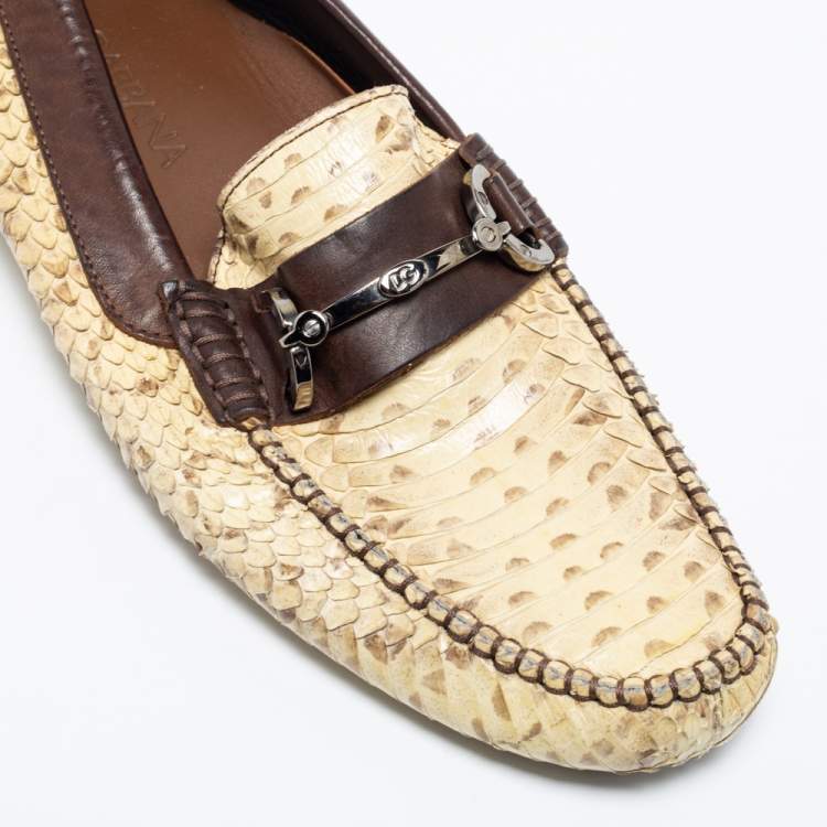 Pre Owned Dolce & Gabbana Beige/Brown Water Snake Loafers Size 40.5