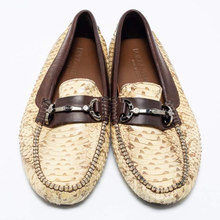 Pre Owned Dolce & Gabbana Beige/Brown Water Snake Loafers Size 40.5