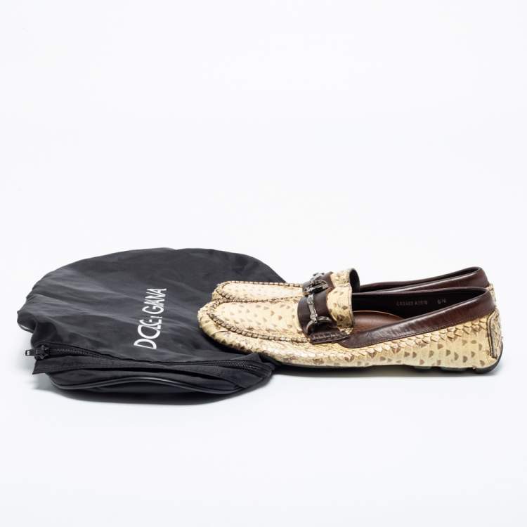 Pre Owned Dolce & Gabbana Beige/Brown Water Snake Loafers Size 40.5