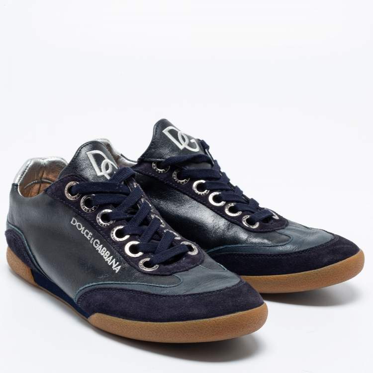 Pre Owned Dolce & Gabbana Navy Blue Leather And Suede Low Top Sneakers Size 41