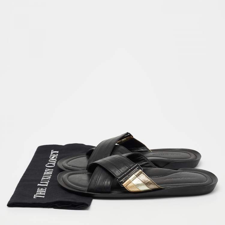 Pre Owned Dolce & Gabbana Black Leather Criss Cross Strap Flat Sandals Size 42 