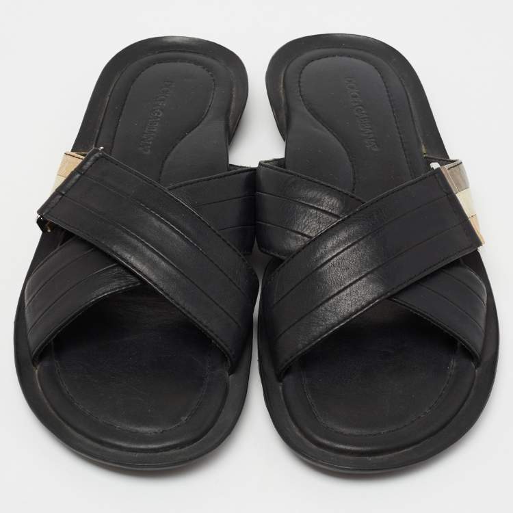 Pre Owned Dolce & Gabbana Black Leather Criss Cross Strap Flat Sandals Size 42 