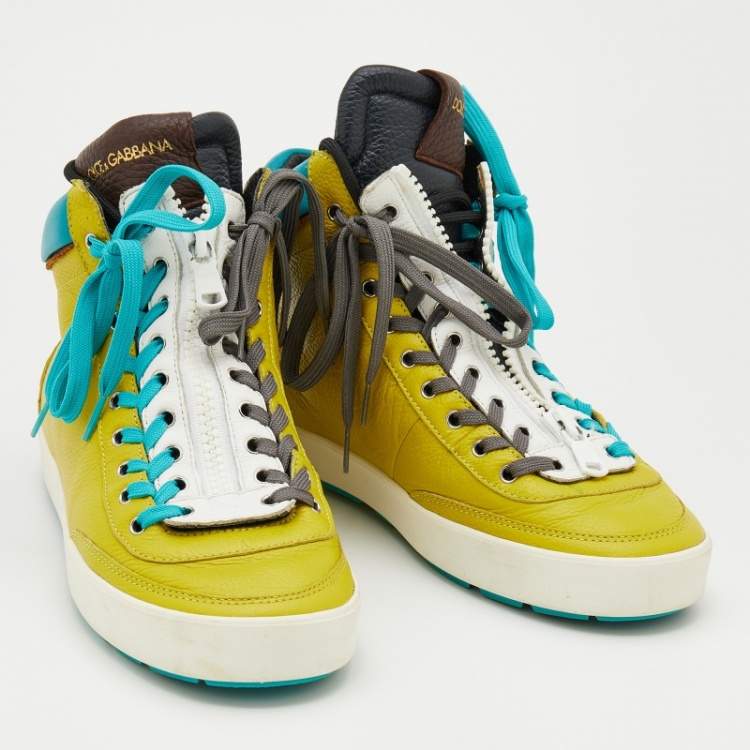 Pre Owned Dolce & Gabbana Yellow/Blue Leather High Top Sneakers Size 43