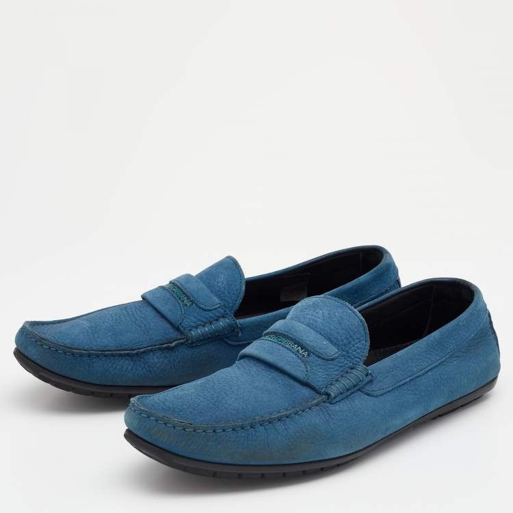 Pre Owned Dolce & Gabbana Blue Nubuck Leather Penny Slip On Loafers Size 42