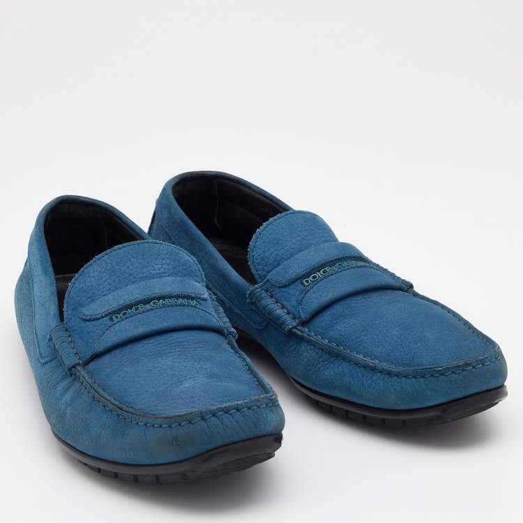 Pre Owned Dolce & Gabbana Blue Nubuck Leather Penny Slip On Loafers Size 42