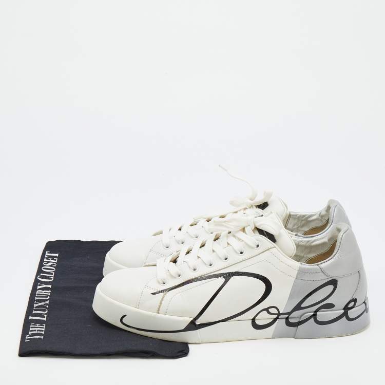 Pre Owned Dolce & Gabbana White/Silver Logo Printed Leather Low Top Sneakers Size 43
