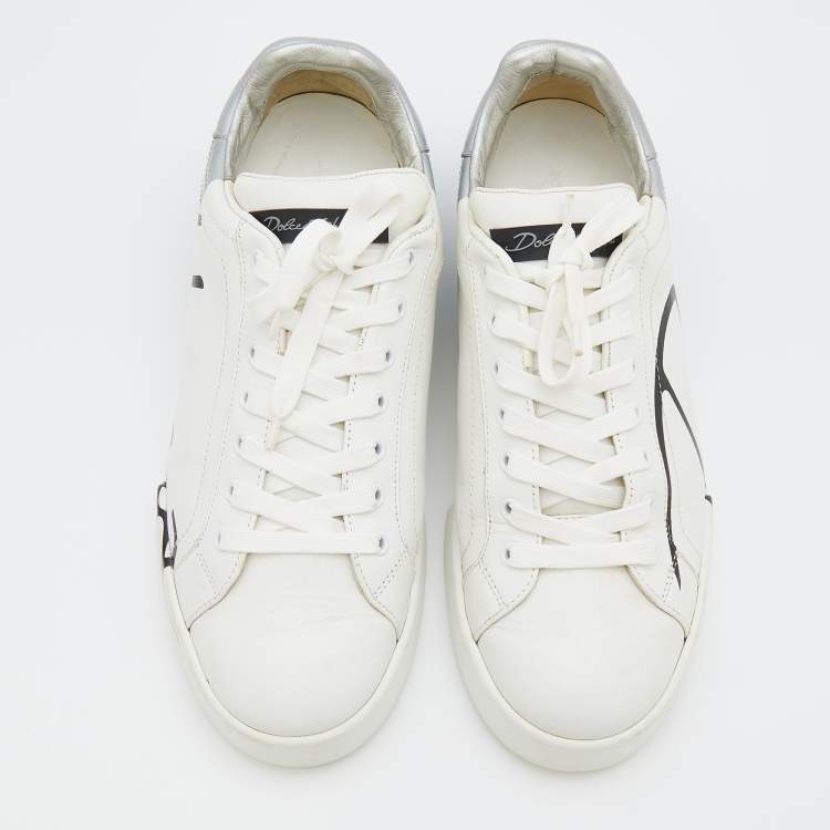 Pre Owned Dolce & Gabbana White/Silver Logo Printed Leather Low Top Sneakers Size 43