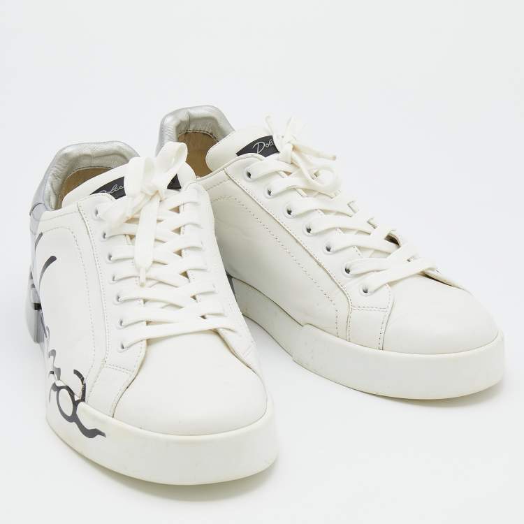 Pre Owned Dolce & Gabbana White/Silver Logo Printed Leather Low Top Sneakers Size 43