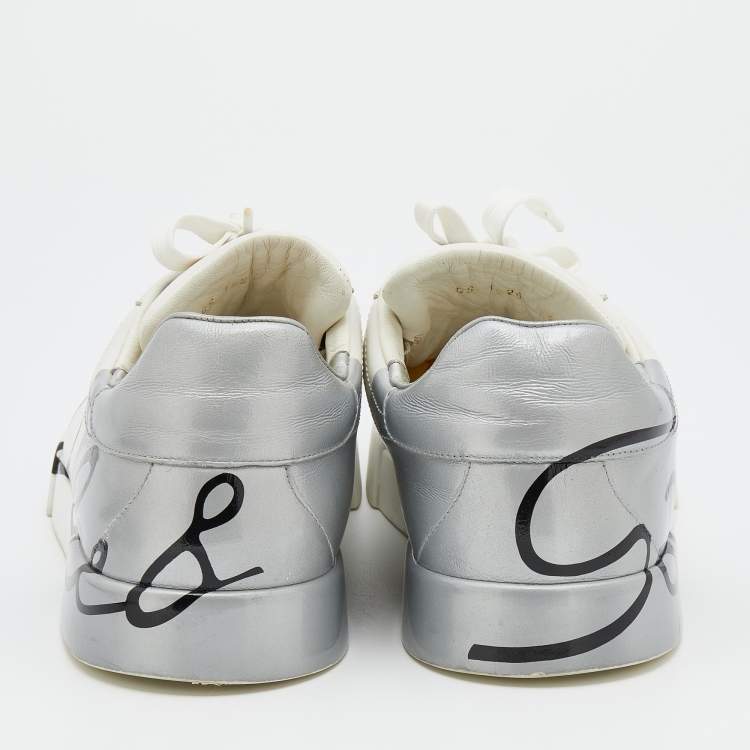Pre Owned Dolce & Gabbana White/Silver Logo Printed Leather Low Top Sneakers Size 43