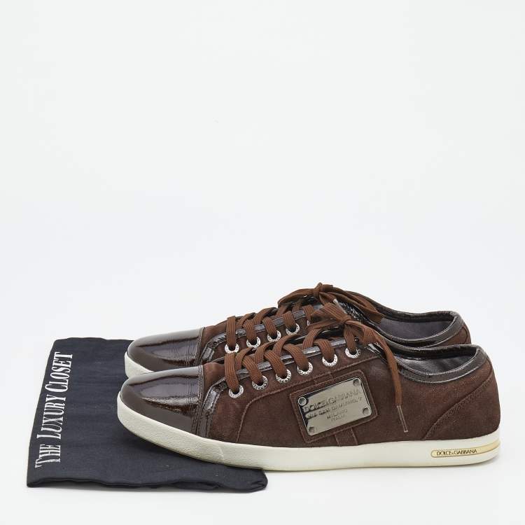 Pre Owned Dolce & Gabbana Dark Brown Suede And Patent Leather Logo Plague Low Top Sneakers Size 42