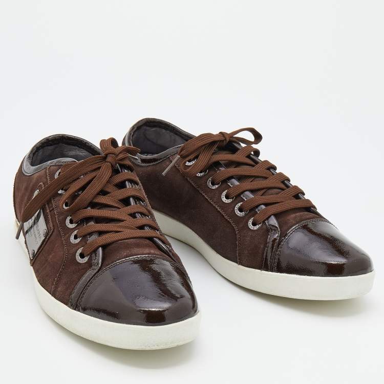Pre Owned Dolce & Gabbana Dark Brown Suede And Patent Leather Logo Plague Low Top Sneakers Size 42