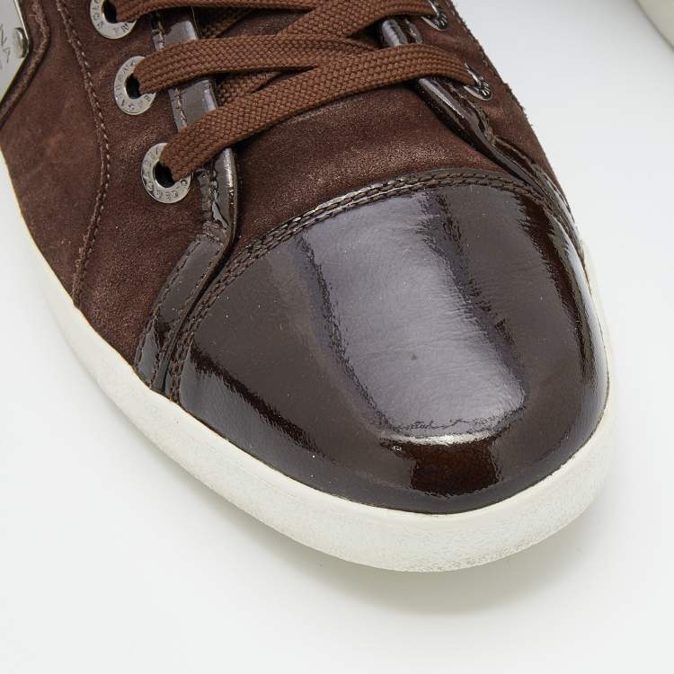 Pre Owned Dolce & Gabbana Dark Brown Suede And Patent Leather Logo Plague Low Top Sneakers Size 42