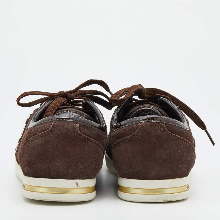 Pre Owned Dolce & Gabbana Dark Brown Suede And Patent Leather Logo Plague Low Top Sneakers Size 42