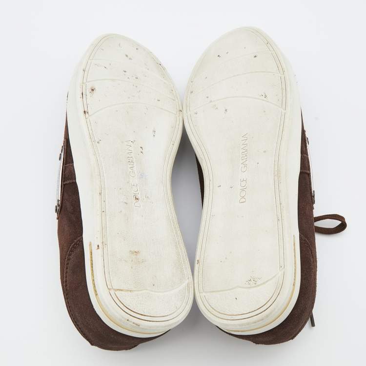 Pre Owned Dolce & Gabbana Dark Brown Suede And Patent Leather Logo Plague Low Top Sneakers Size 42