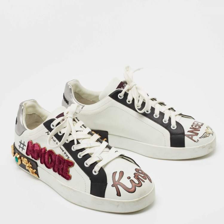 Pre Owned Dolce & Gabbana White Leather King Angels Portofino Low top Sneakers Size 43