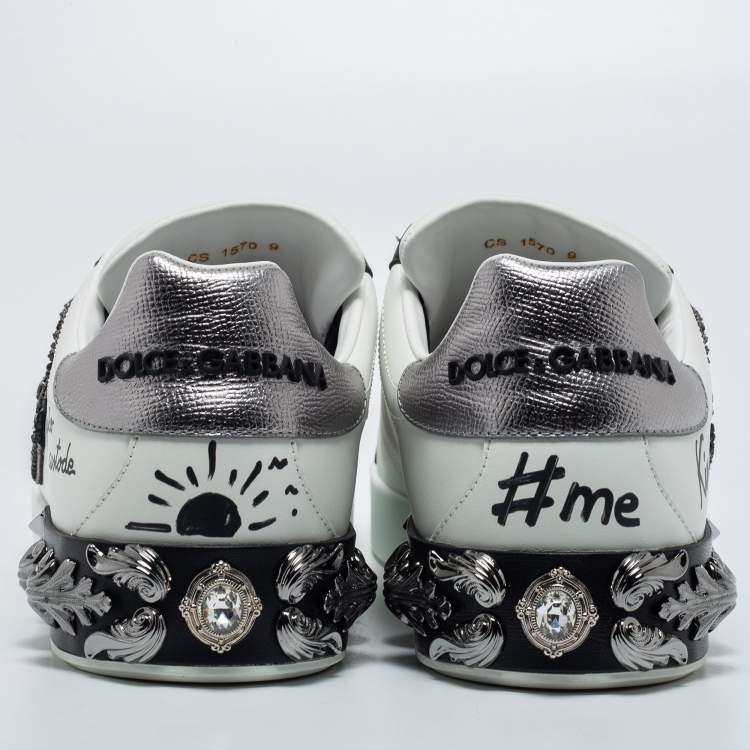 مملوكة مسبقًا Dolce & Gabbana White Leather Crown Patch Low Top Sneakers Size 43