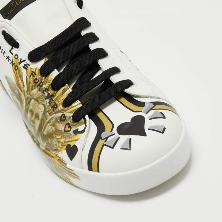 مملوكة مسبقًا Dolce & Gabbana White Leather Amore Est Vitae Print Low Top Sneakers Size 43