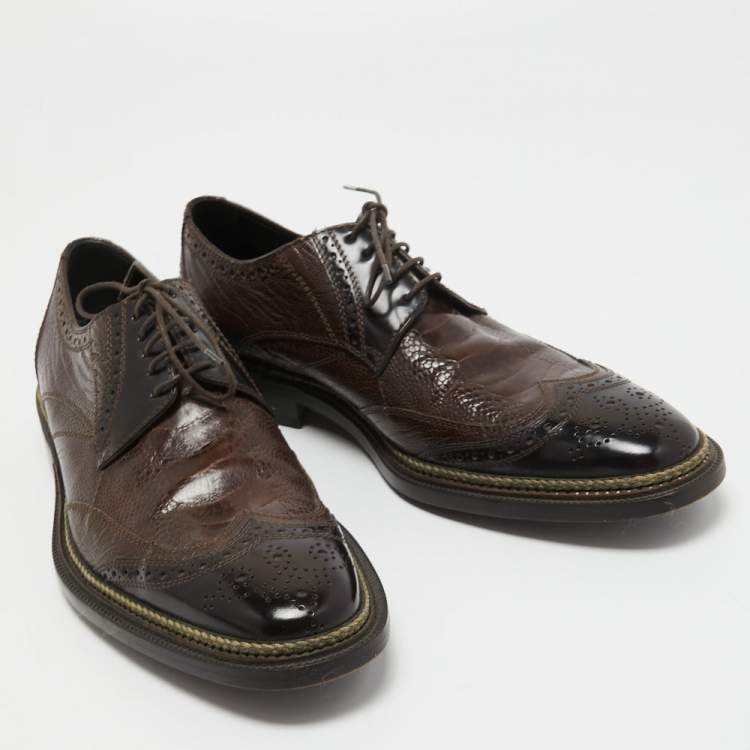 Pre Owned Dolce & Gabbana Brown/Black Baroque Ostrich Leather Lace Up Derby Size 41.5