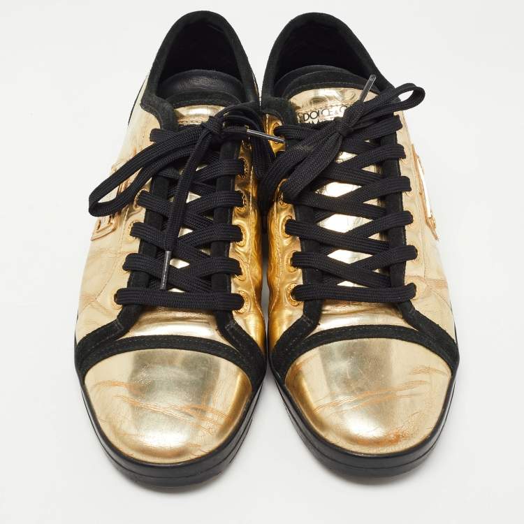 Pre Owned Dolce & Gabbana Gold Leather Logo Plaque Low Top Sneakers Size 41.5 