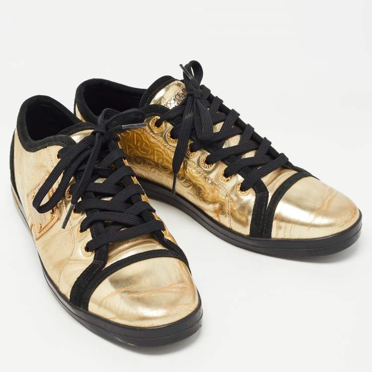 Pre Owned Dolce & Gabbana Gold Leather Logo Plaque Low Top Sneakers Size 41.5 