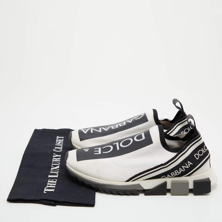 Pre Owned Dolce & Gabbana White/Black Logo Print Knit Fabric Sorrento Sneakers Size 43.5