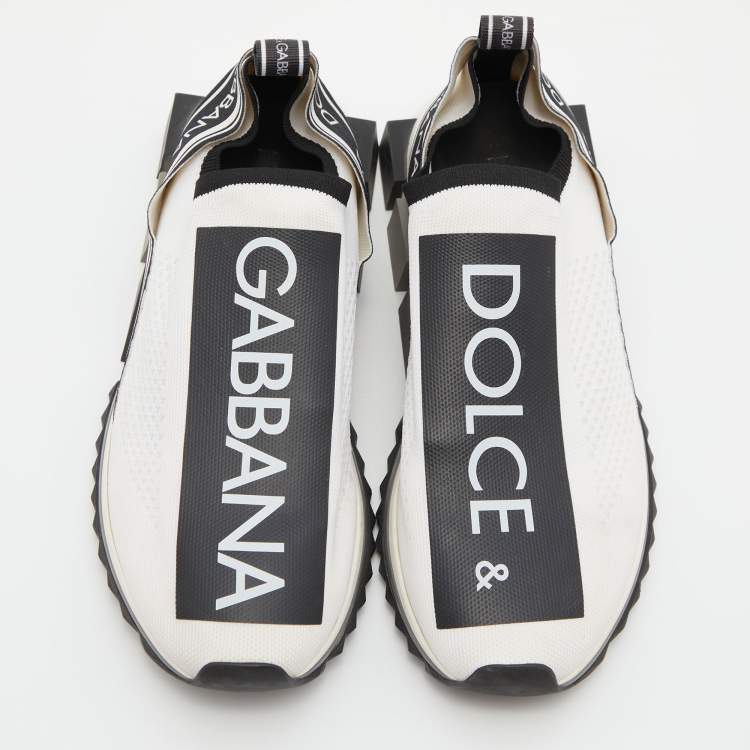 Pre Owned Dolce & Gabbana White/Black Logo Print Knit Fabric Sorrento Sneakers Size 43.5