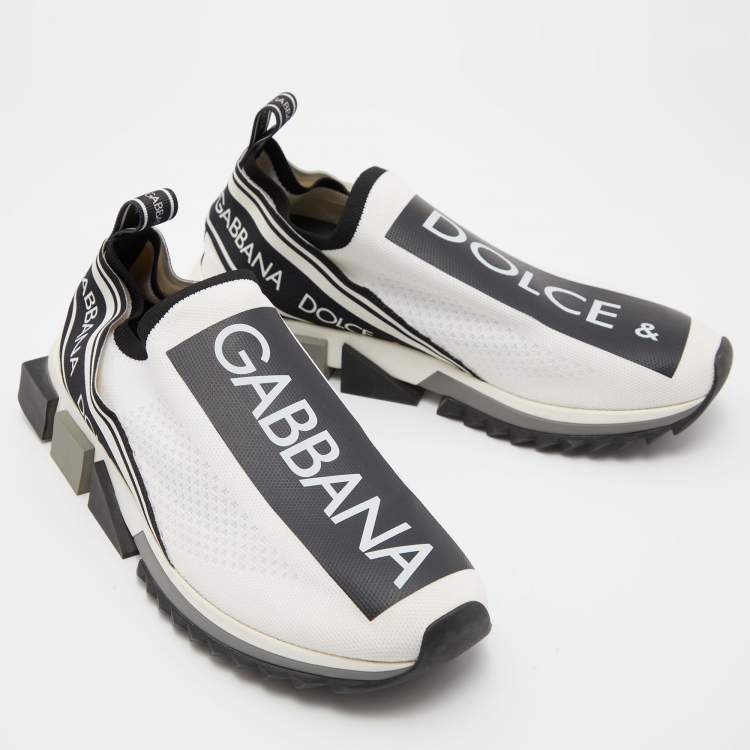 Pre Owned Dolce & Gabbana White/Black Logo Print Knit Fabric Sorrento Sneakers Size 43.5