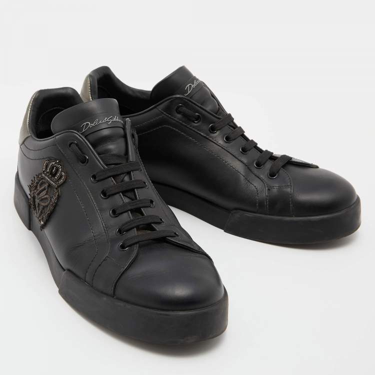 Pre Owned Dolce & Gabbana Black Leather Patch Portofino Low Top Sneakers Size 44