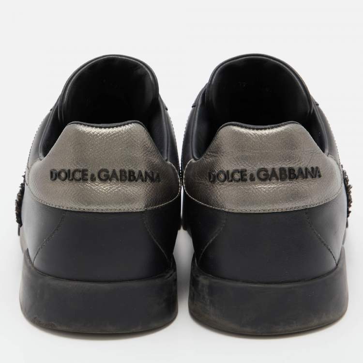 Pre Owned Dolce & Gabbana Black Leather Patch Portofino Low Top Sneakers Size 44
