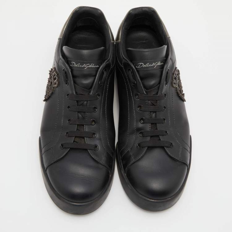 Pre Owned Dolce & Gabbana Black Leather Patch Portofino Low Top Sneakers Size 44