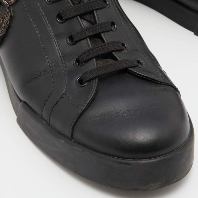 Pre Owned Dolce & Gabbana Black Leather Patch Portofino Low Top Sneakers Size 44