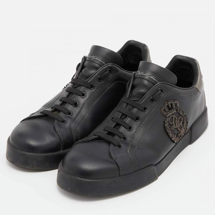 Pre Owned Dolce & Gabbana Black Leather Patch Portofino Low Top Sneakers Size 44