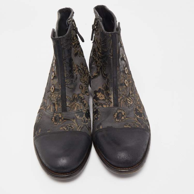 Pre Owned Dolce & Gabbana Black/Grey Nubuck Floral Leather Ankle Boots Size 43
