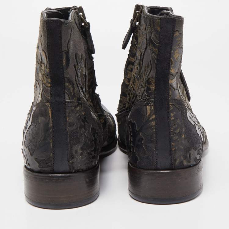 Pre Owned Dolce & Gabbana Black/Grey Nubuck Floral Leather Ankle Boots Size 43