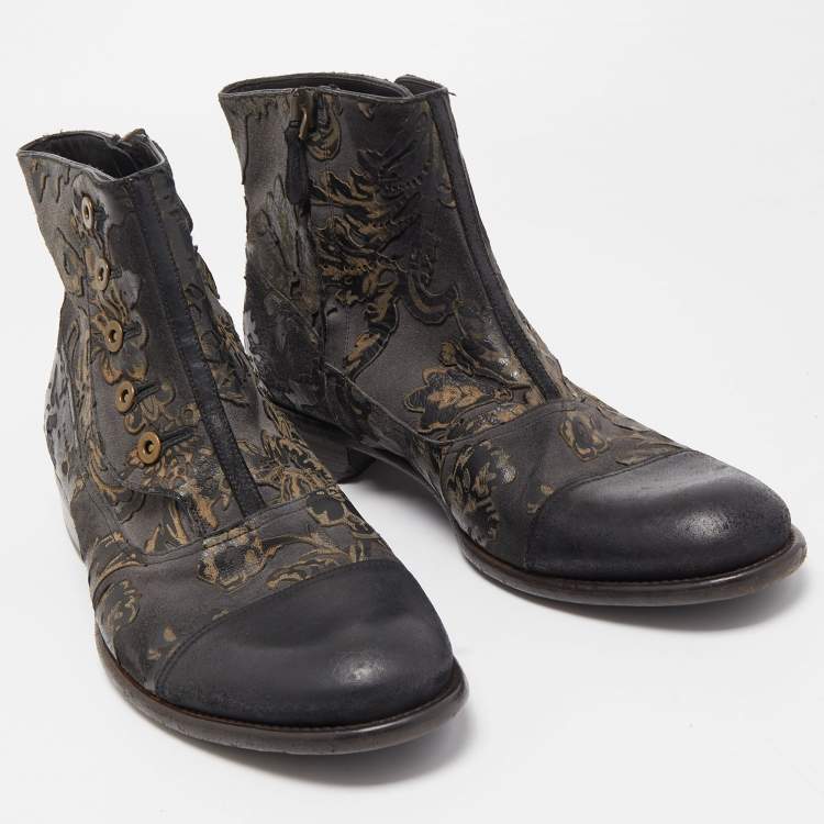 Pre Owned Dolce & Gabbana Black/Grey Nubuck Floral Leather Ankle Boots Size 43