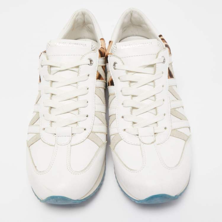 Pre Owned Dolce & Gabbana White Leather Leopard Print Nigeria Low Top Sneakers Size 42