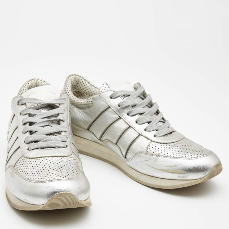 Pre Owned Dolce & Gabbana Silver Perforated Leather Low Top Sneakers Size 42