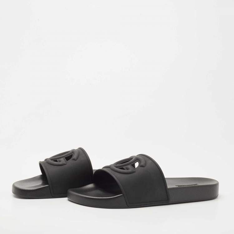 Pre Owned Dolce & Gabbana Black Rubber DG Logo Slide Flats Size 45