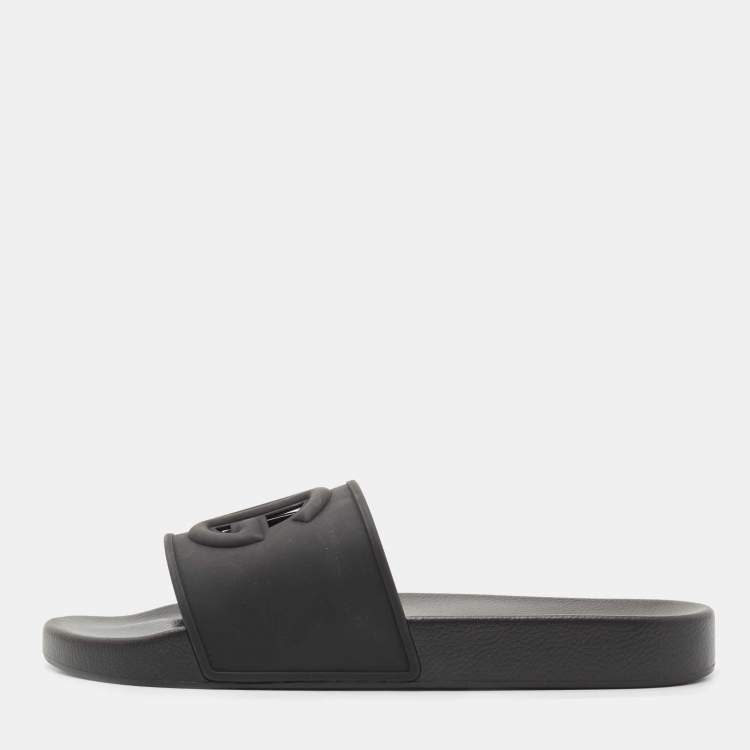 Pre Owned Dolce & Gabbana Black Rubber DG Logo Slide Flats Size 45