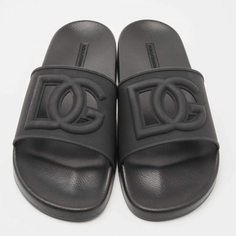 Pre Owned Dolce & Gabbana Black Rubber DG Logo Slide Flats Size 45