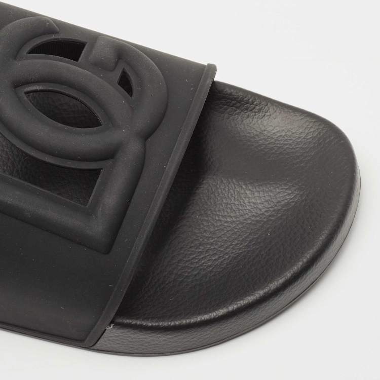 Pre Owned Dolce & Gabbana Black Rubber DG Logo Slide Flats Size 45