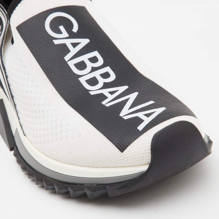 Pre Owned Dolce & Gabbana White/Black Knit Fabric Logo Sorrento Slip On Sneakers Size 40