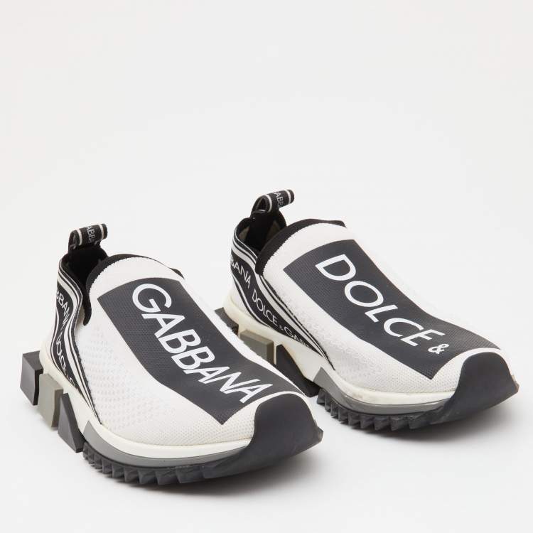 Pre Owned Dolce & Gabbana White/Black Knit Fabric Logo Sorrento Slip On Sneakers Size 40